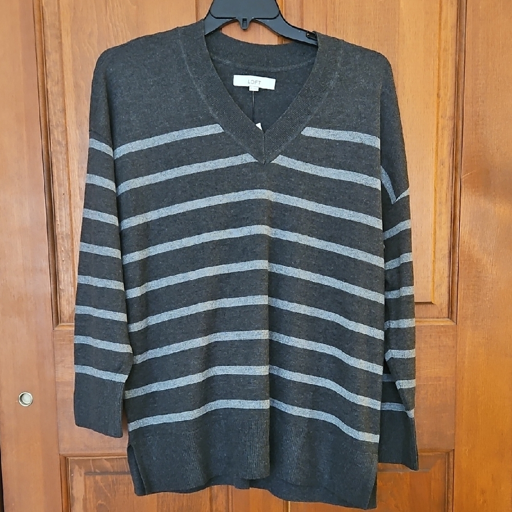 LOFT Gray Striped V-Neck Sweater